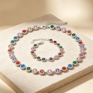 Stainless Steel Halo CZ Tennis Necklace Bracelet Matching Set Adjustable Full Diamond Jewelry - KS232452-CAJY
