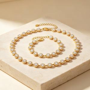 Stainless Steel Halo CZ Tennis Necklace Bracelet Matching Set Adjustable Full Diamond Jewelry - KS232455-CAJY