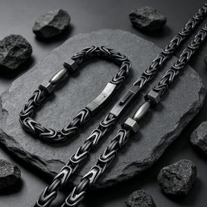 Stainless Steel Byzantine Chain Jewelry Set for Men, Heavy Square Link Necklace & Bracelet Kit with Secure Lock Clasp Male Gift Jewelry - KS232535-KFC