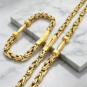 Stainless Steel Byzantine Chain Jewelry Set for Men, Heavy Square Link Necklace & Bracelet Kit with Secure Lock Clasp Male Gift Jewelry - KS232536-KFC