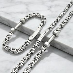 Stainless Steel Byzantine Chain Jewelry Set for Men, Heavy Square Link Necklace & Bracelet Kit with Secure Lock Clasp Male Gift Jewelry - KS232537-KFC