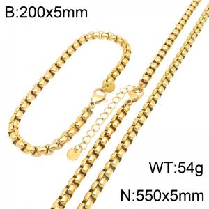 Gold Plated Stainless Steel Box Chain Jewelry Set, 5mm Square Box Link Necklace and Bracelet Set with Adjustable Extension Chain, Waterproof Non Tarnish Fashion Jewelry Gift for Men Women - KS232739-GC