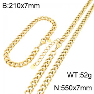 Gold Plated Stainless Steel Cuban Link Chain Jewelry Set, 7mm Curb Chain Necklace and Bracelet Set with Adjustable Extension Chain, Waterproof Non Tarnish Fashion Jewelry Gift for Men Women - KS232745-GC