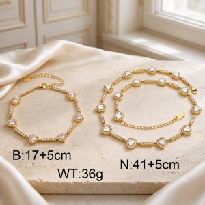 Women's 18K Gold Plated Stainless Steel Heart Mother of Pearl Cubic Zirconia Necklace Bracelet Jewelry Set, Non Tarnish Hypoallergenic Adjustable Love Heart Link Chain, Wedding Anniversary Birthday Gift for Her - KS233046-CAJY