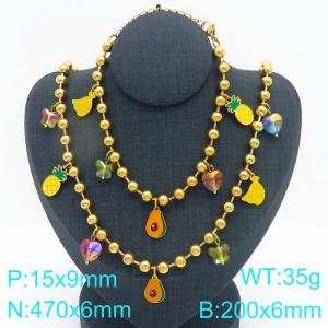 Stainless steel bead fine chain hanging fluorescent green butterfly imitation pearl pendant temperament gold 2-piece set - KS295802-Z